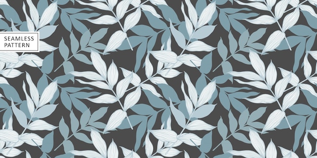 Patrón transparente de vector abstracto con ramas azules y hojas sobre un fondo gris oscuro Patrón para textiles papel de envolver cubiertas decoración fondos de pantalla