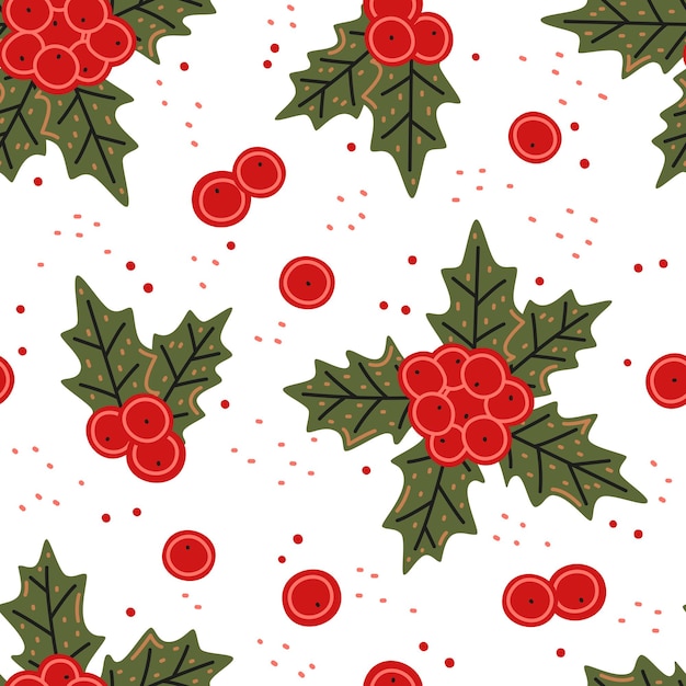 Patrón transparente de vector. Acebo de Navidad sobre un fondo blanco.