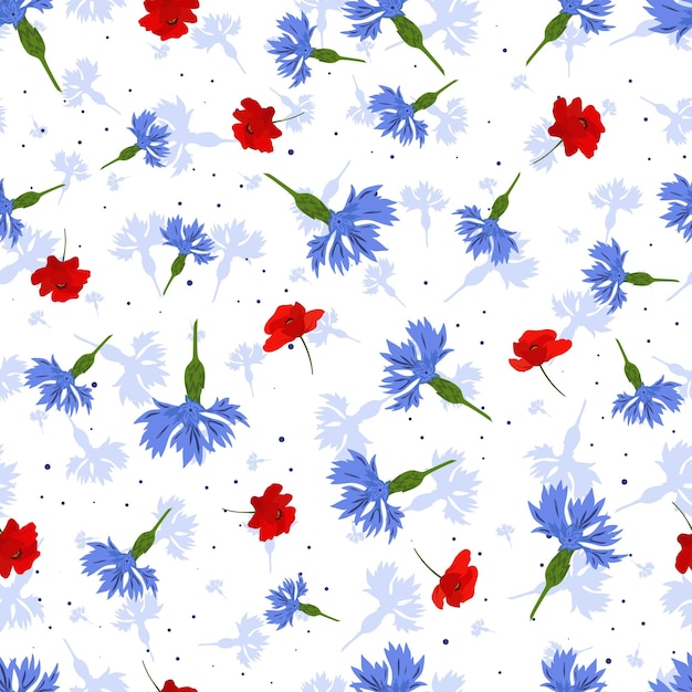 Patrón transparente de vector con acianos azules y amapolas rojas sobre fondo blanco