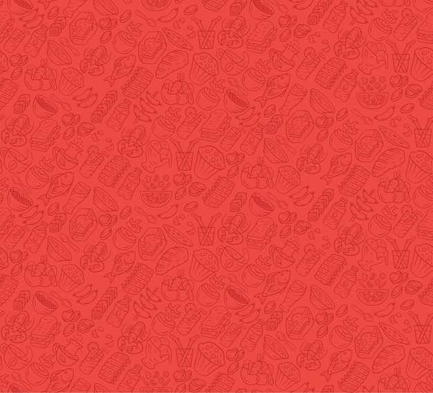Patrón transparente de vector de alimentos. Cocina, papel tapiz de café de comida rápida con iconos de gastronomía. Textura de color rojo rubí. Textil decorativo, diseño de papel de regalo. Fondo brillante para menú, recibos