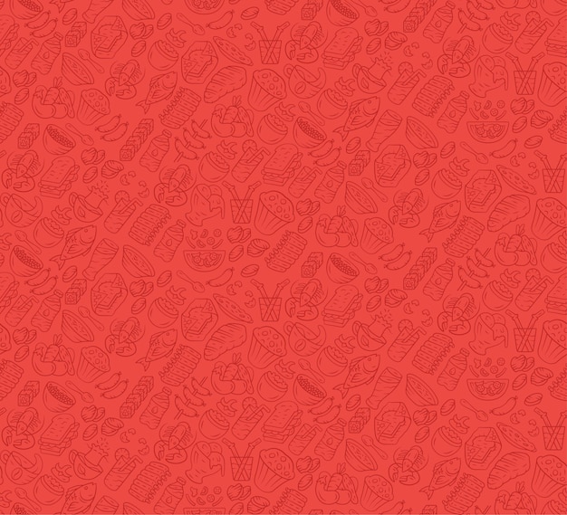 Patrón transparente de vector de alimentos. Cocina, papel tapiz de café de comida rápida con iconos de gastronomía. Textura de color rojo rubí. Textil decorativo, diseño de papel de regalo. Fondo brillante para menú, recibos