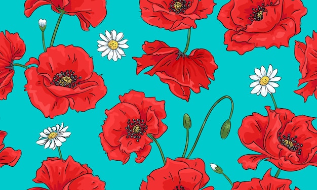 Patrón transparente de vector con amapolas rojas