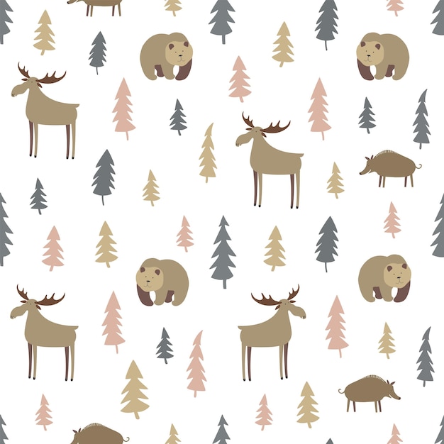 Patrón transparente de vector con animales del bosque y árboles sobre un fondo blanco