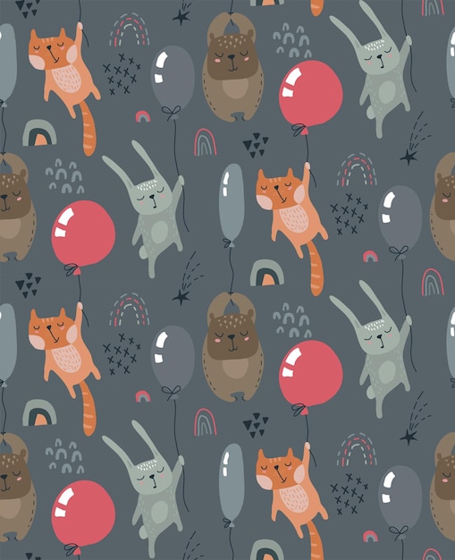 Patrón transparente de vector con animales salvajes del bosque fliyng en globos