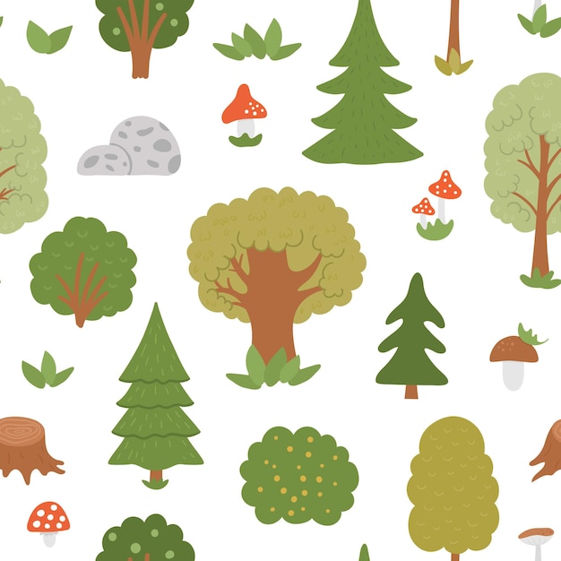 Patrón transparente de vector con árboles, plantas, arbustos, arbustos, setas. Fondo de repetición de bosque plano de otoño. Lindo papel digital con plantas del bosque