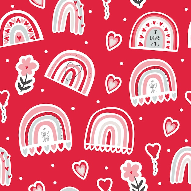 Patrón transparente de vector de arco iris arco iris rosa y corazones impresión brillante para papel digital de embalaje de tela diseño de niños decoración de boda de cumpleaños de san valentín