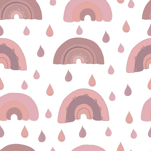 Patrón transparente de vector de arco iris y gotas en tonos rosa polvoriento y beige Fondo de pantalla de moda para telas textiles páginas web invitaciones tarjetas impresas para niños estilo boho