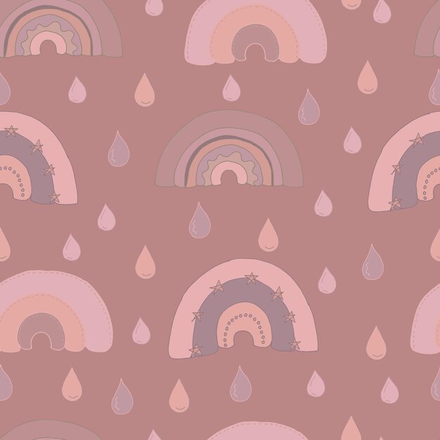 Patrón transparente de vector de arco iris y gotas en tonos rosa polvoriento y beige Fondo de pantalla de moda para telas textiles páginas web invitaciones tarjetas impresas para niños estilo boho