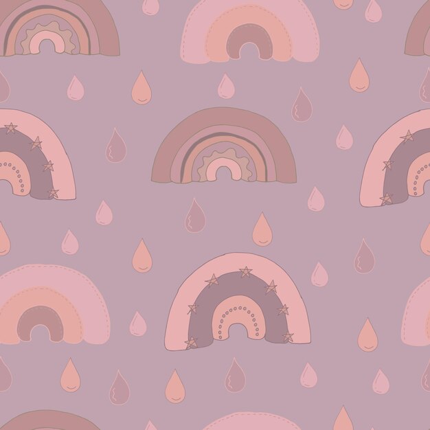 Patrón transparente de vector de arco iris y gotas en tonos rosa polvoriento y beige Fondo de pantalla de moda para telas textiles páginas web invitaciones tarjetas impresas para niños estilo boho