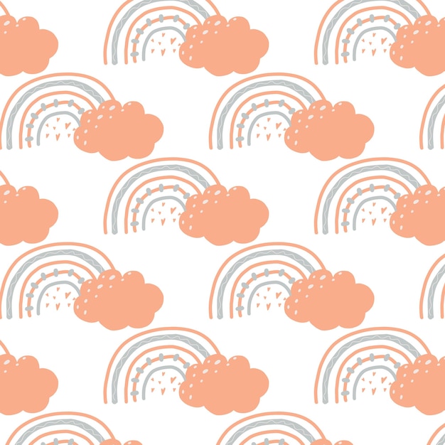Patrón transparente de vector con arco iris y nubes en estilo infantil. Patrón de arco iris de estilo boho. Ilustración vectorial
