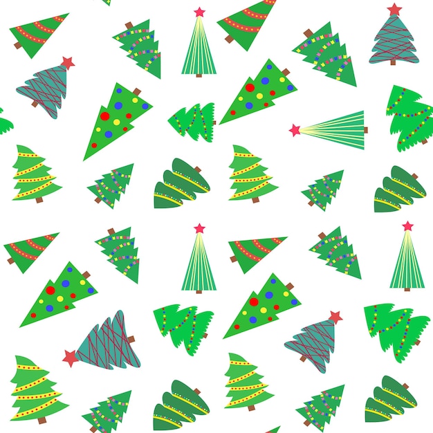 Patrón transparente de vector de artículos navideños. bosque de invierno, los pinos están impresos en tela, papel de regalo o papel tapiz. celebrando el año nuevo. vector plantilla de navidad.