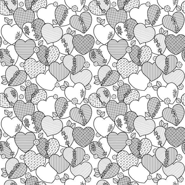 Patrón transparente de vector blanco y negro con corazones para el día de San Valentín. Libro de páginas para colorear de fondo para adultos