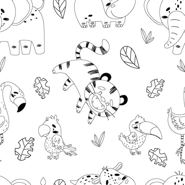 Patrón transparente de vector blanco y negro con lindos animales tropicales