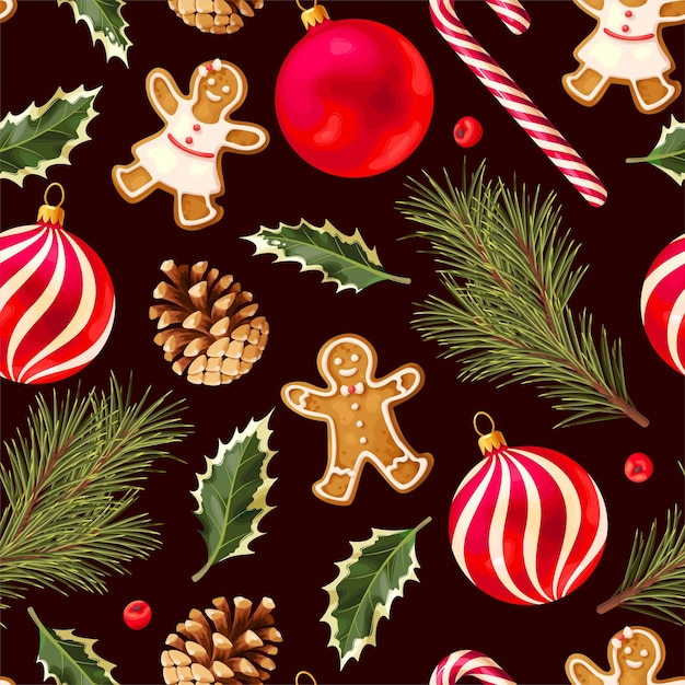 Patrón transparente de vector con bolas de Navidad de pan de jengibre y ramas de pino