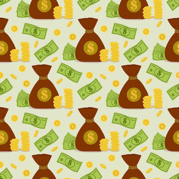 Patrón transparente de vector con una bolsa de dinero. Plantilla de bolsa de dinero. Ganar dinero, ahorrar, invertir,web