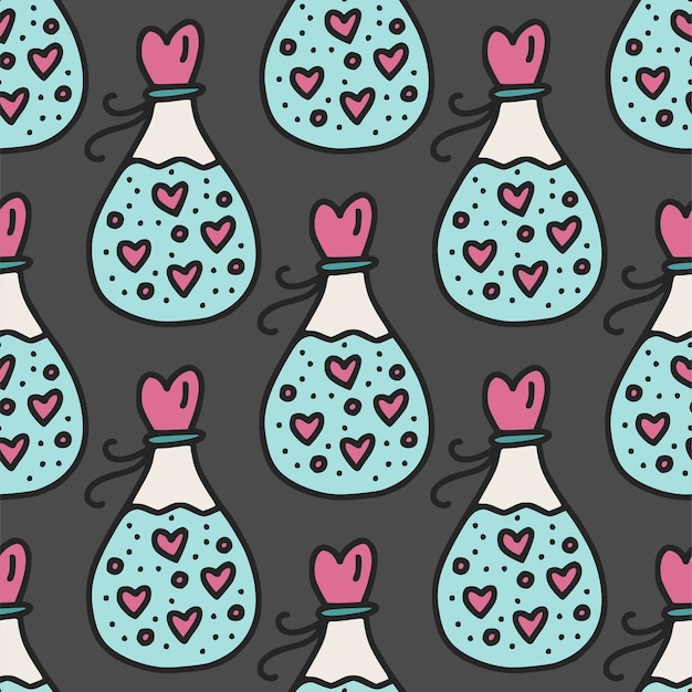 Patrón transparente de vector con botellas con elixir de amor