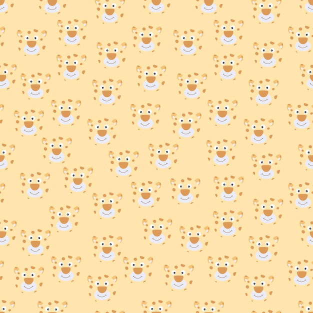 Patrón transparente de vector de cabeza de cara de leopardo de dibujos animados plana doodle aislado sobre fondo blanco
