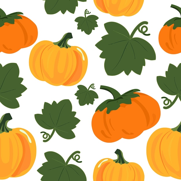 Patrón transparente de vector con calabazas y hojas en un estilo plano sobre un fondo blanco