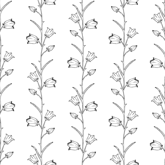 Patrón transparente de vector con campanilla de garabato dibujado a mano Flor silvestre de vector en estilo realista Fondo de boceto de Campanula Fondo de pantalla floral de contorno