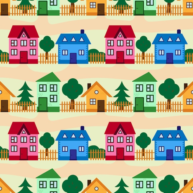 Patrón transparente de vector Casas coloridas con caminos Diseño infantil