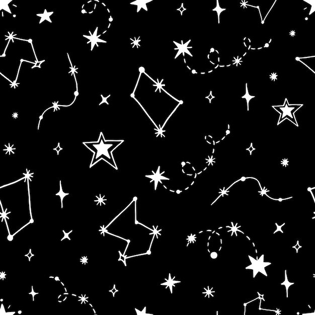 Patrón transparente de vector de cielo estrellado de la noche. Para diseño de superficies, estampas, papel de regalo, postales, carteles, impresión. Espacio temático, Día de la Cosmonáutica, astronomía, cielo, estrellas