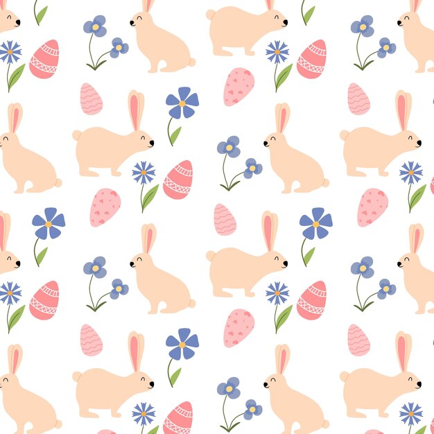Patrón transparente de vector con conejito de Pascua y huevos. Lindo patrón de Pascua con conejito y flores. ilustración vectorial