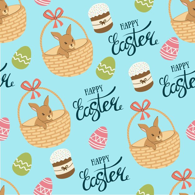Patrón transparente de vector con conejitos y huevos de Pascua. Diseño de Pascua.