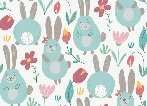 Patrón transparente de vector con conejos y flores