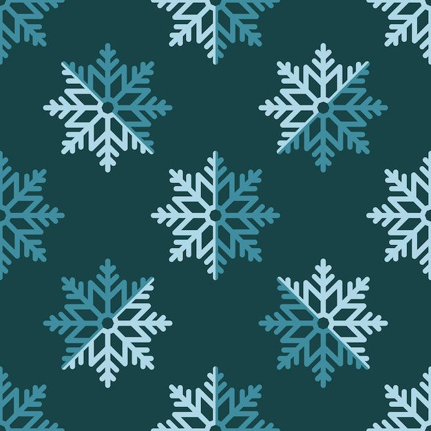 Patrón transparente de vector de copos de nieve azules sobre fondo verde oscuro
