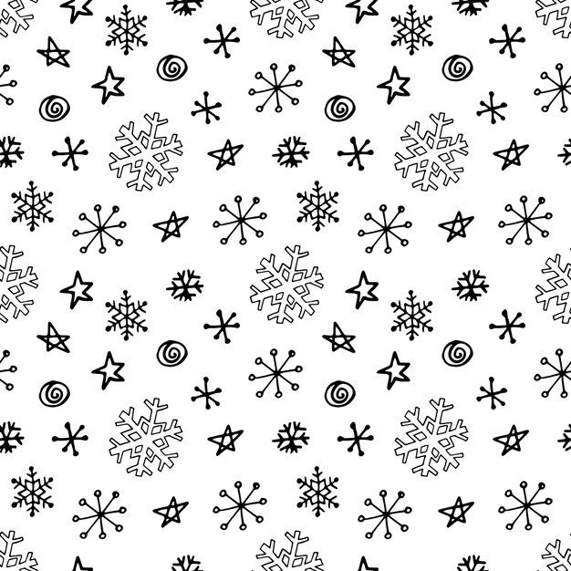 Patrón transparente de vector de copos de nieve. Ilustraciones dibujadas a mano en arte lineal y estilo doodle. Creación de diseño para Año Nuevo, invierno, Navidad.