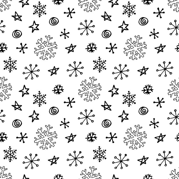 Patrón transparente de vector de copos de nieve. ilustraciones dibujadas a mano en arte lineal y estilo doodle. creación de diseño para año nuevo, invierno, navidad.