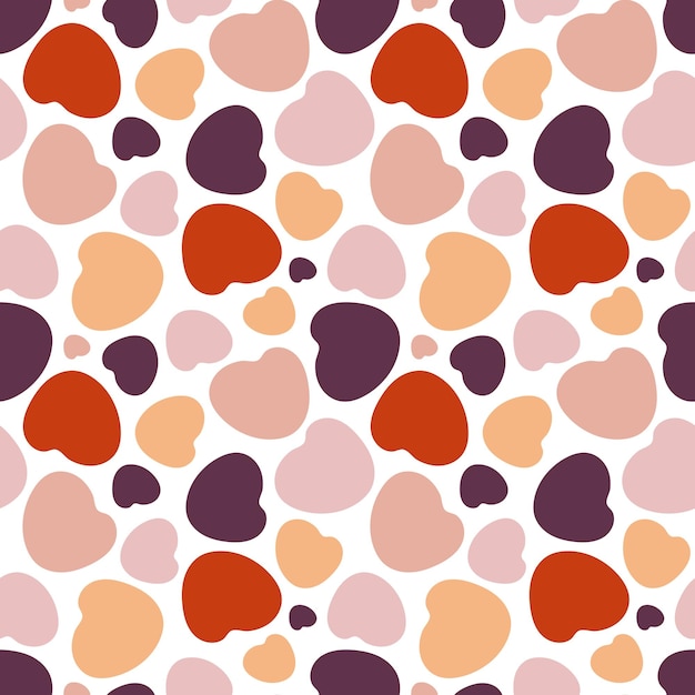 Patrón transparente de vector de corazones redondos sobre un fondo transparente. Tonos rojos, rosas, morados.