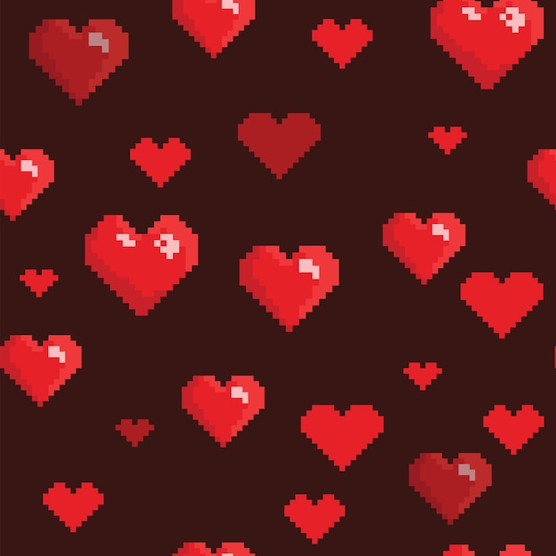 Patrón transparente de vector con corazones rojos sobre fondo oscuro Estilo pixel art