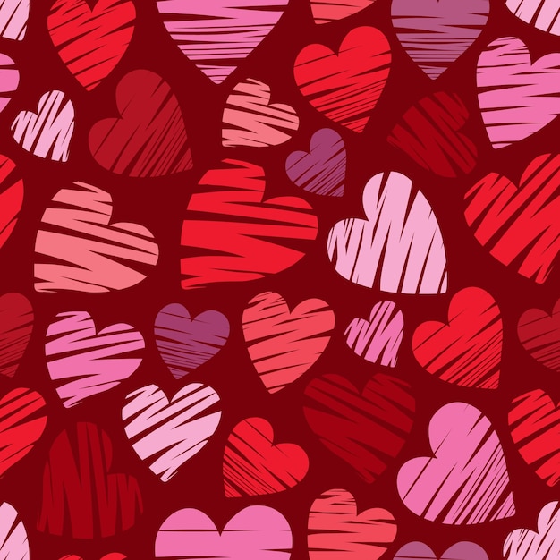 Patrón transparente de vector de corazones rosados y rojos sobre un fondo burdeos