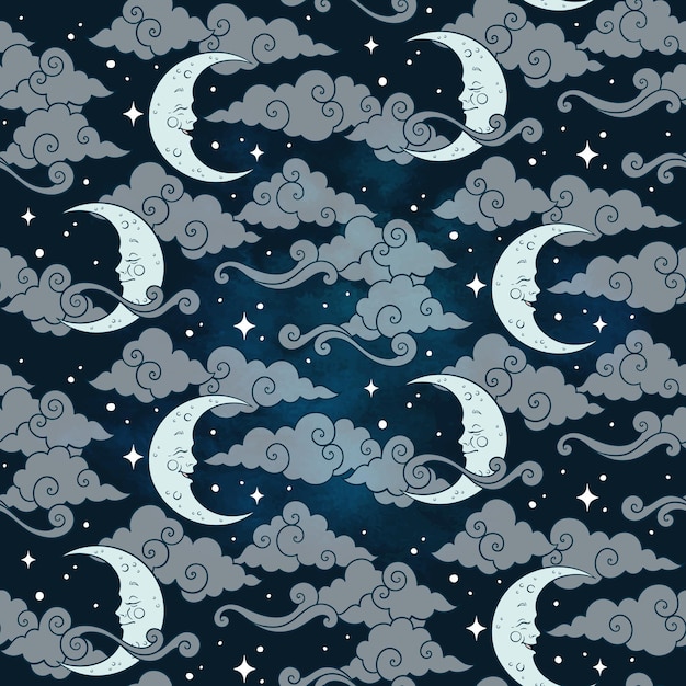 Patrón transparente de vector con cuerpos celestes de bebé luna estrellas y nubes Textil dibujado a mano en colores pastel o diseño de envoltura para niños