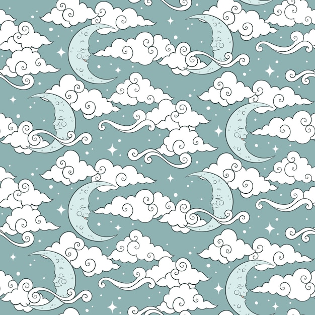 Patrón transparente de vector con cuerpos celestes de bebé luna estrellas y nubes Textil dibujado a mano en colores pastel o diseño de envoltura para niños