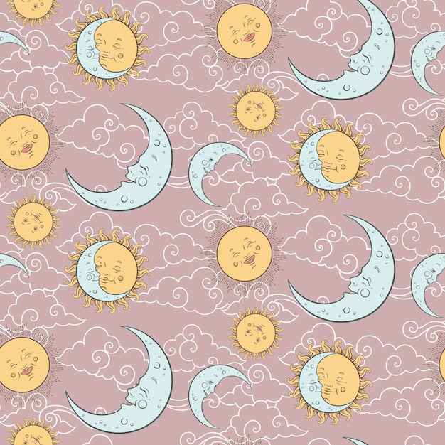 Patrón transparente de vector con cuerpos celestes bebé luna sol estrellas y nubes textil dibujado a mano en colores pastel o diseño de envoltura para niños