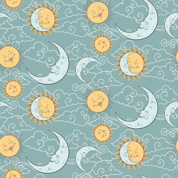 Patrón transparente de vector con cuerpos celestes bebé luna sol estrellas y nubes Textil dibujado a mano en colores pastel o diseño de envoltura para niños