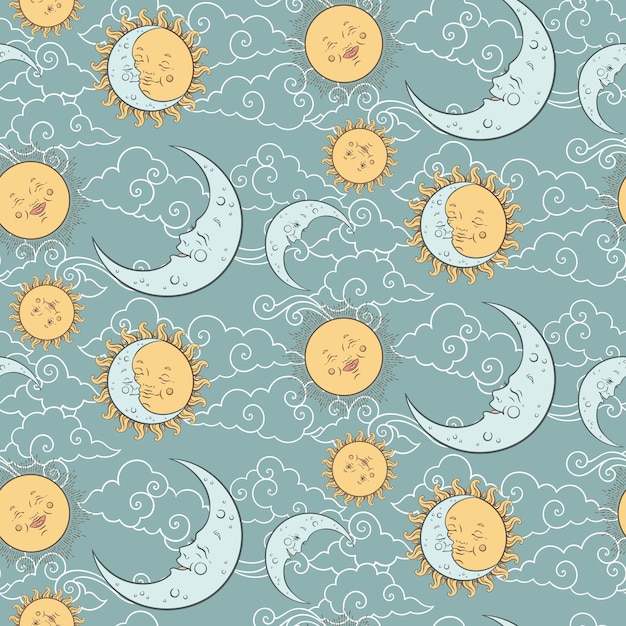 Patrón transparente de vector con cuerpos celestes bebé luna sol estrellas y nubes textil dibujado a mano en colores pastel o diseño de envoltura para niños