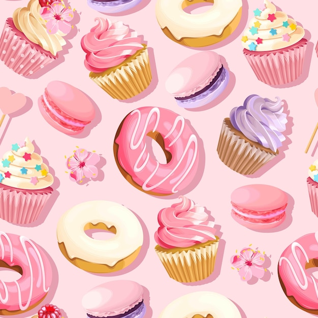Patrón transparente de vector con cupcakes y donuts
