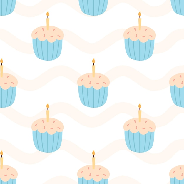 Patrón transparente de vector con cupcakes o muffins con velas