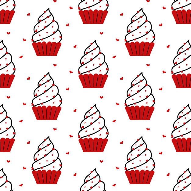 Patrón transparente de vector con cupcakes. Patrón lindo con muffins para el día de San Valentín. Estilo garabato. ilustración vectorial