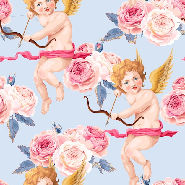 Patrón transparente de vector con Cupido y flor vintage