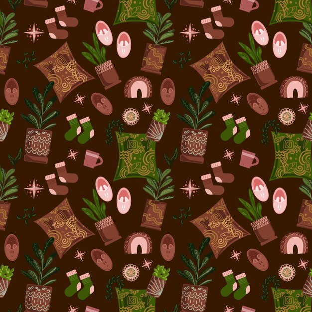 Patrón transparente de vector con decoración casera y plantas en el apartamento del interior escandinavo Ilustración moderna colorida en estilo simple dibujado a mano en colores monocromáticos