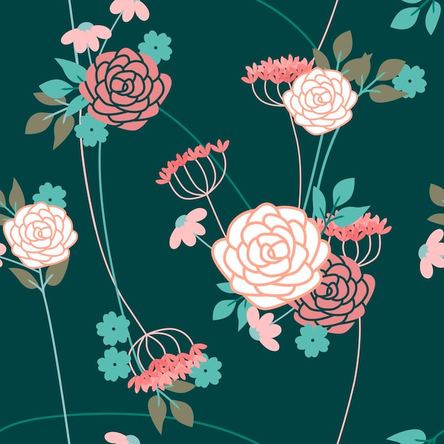 Patrón transparente de vector con delicadas flores y rosas