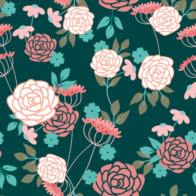 Patrón transparente de vector con delicadas flores y rosas