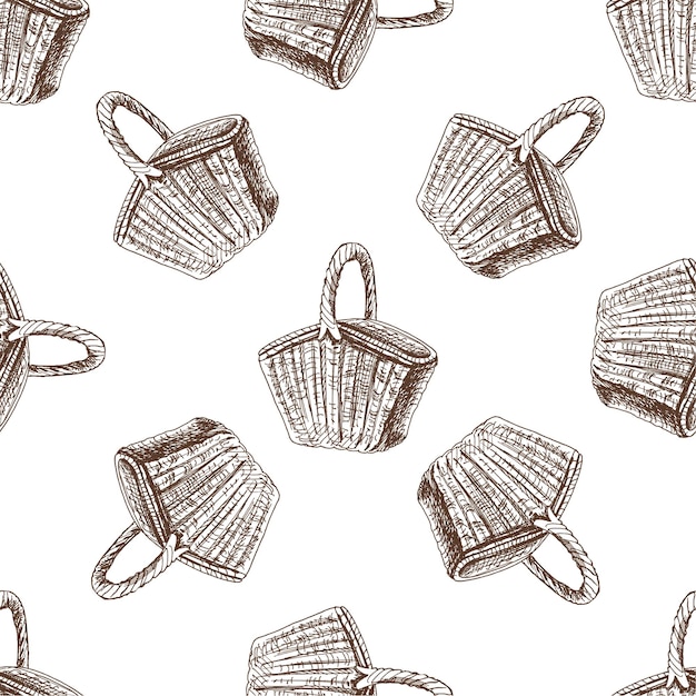 Patrón transparente de vector dibujado a mano de cesta de picnic de mimbre Ilustración de garabato vintage Bosquejo para menús de café y etiquetas La imagen grabada