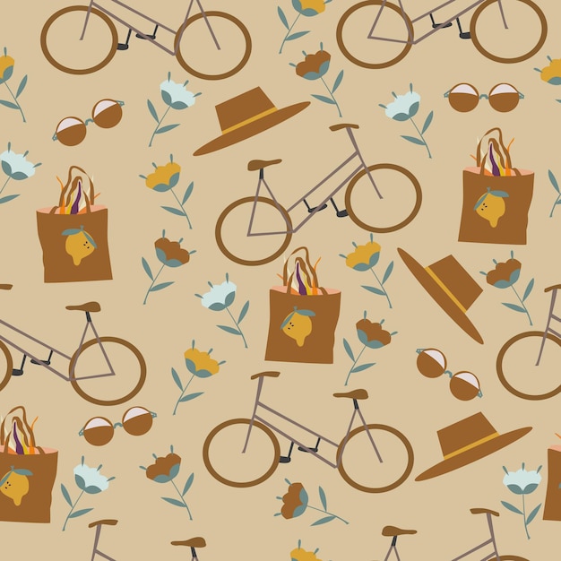 Patrón transparente de vector dibujado a mano con coloridas bicicletas de ciudad y artículos de verano.