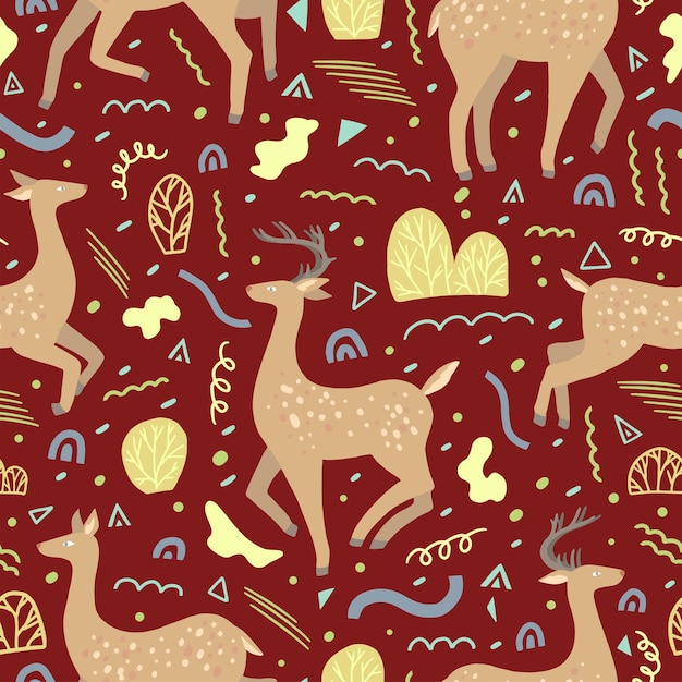 Patrón transparente de vector dibujado a mano plana venado moteado. Papel pintado de colores en estilo escandinavo. Fondo abstracto de los animales del bosque. Diseño para estampados, textil, tela, decoración, tarjeta.