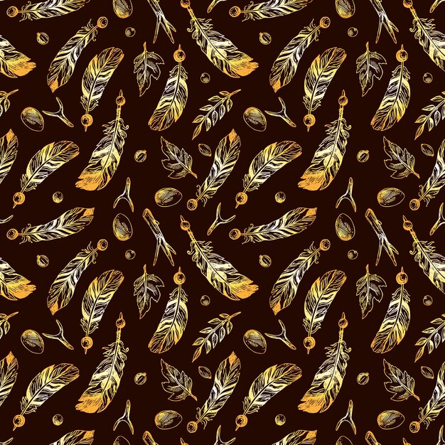 Patrón transparente de vector dibujado a mano con plumas Dibujo de estilo boho